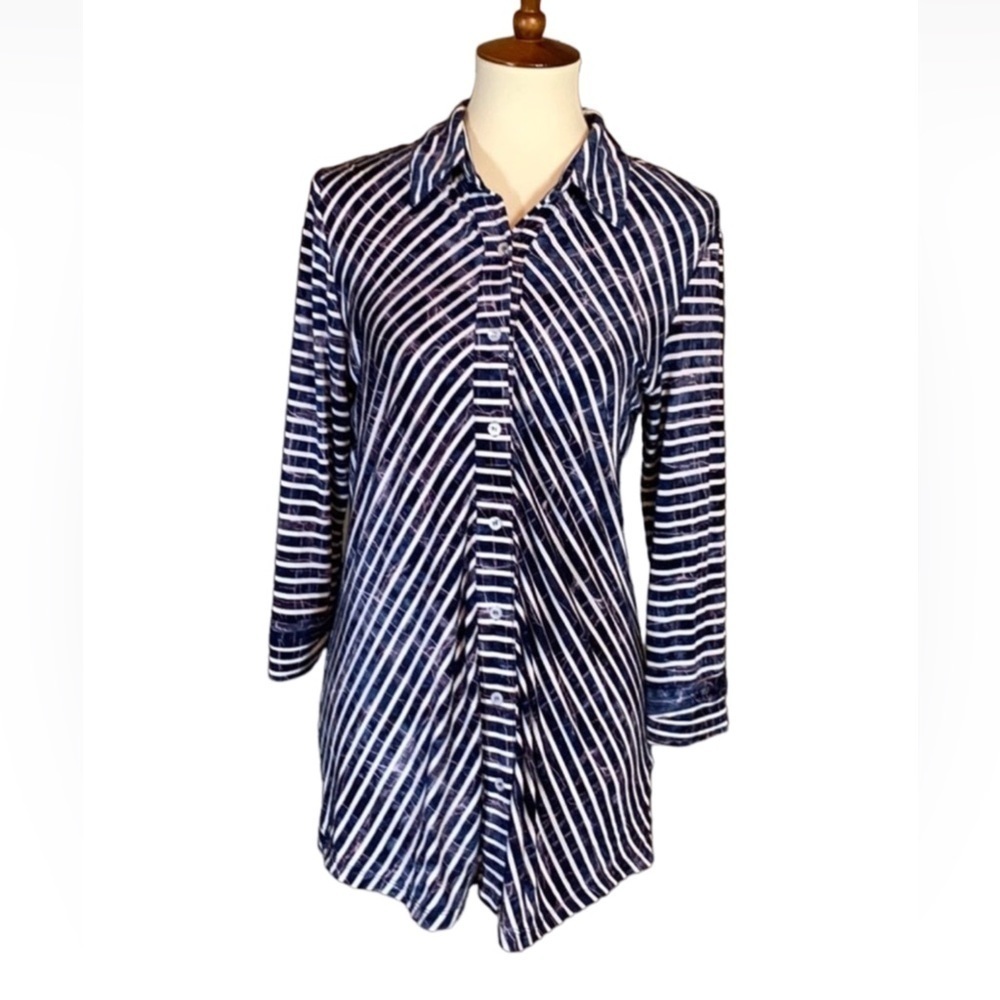 Soft Surroundings blue stripe tunic top with 3/4 sleeves Size Medium
